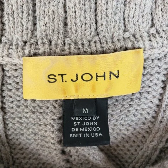 ST. JOHN Wool Blend Sweater Cardigan Fringe Soft Cable Knit Taupe Gray size M - Picture 4 of 15